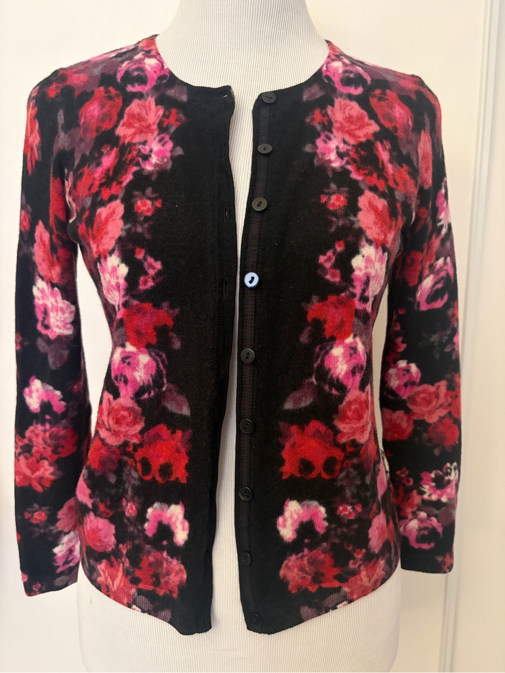 Floral Crewneck Cardigan - Black with Red & Pink Floral Print